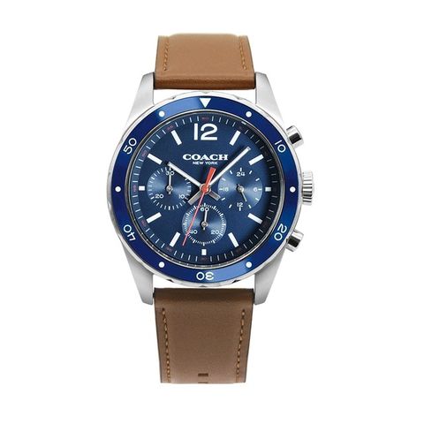 【COACH】Sullivan系列 藍面 銀框 咖啡色皮革錶帶 三眼計時腕錶 手錶 男錶(14602038)