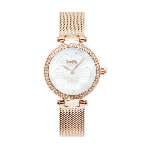 【COACH】玫瑰金框晶鑽 白色花朵錶盤 局部貝殼面 玫瑰金米蘭女性腕錶手錶 25mm(14503511)