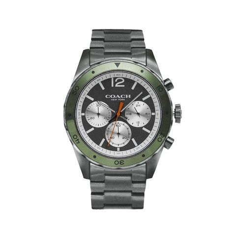 【COACH】鐵灰框 灰面 綠色錶圈 三眼計時碼錶 不鏽鋼錶帶 男錶(2118)