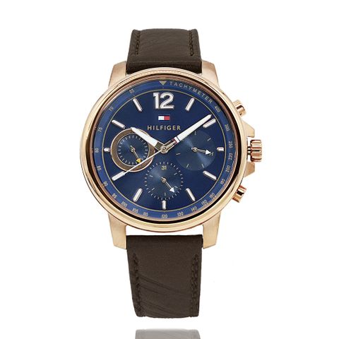 Tommy Hilfiger 玫瑰金三眼手錶 x 藍面 x 咖啡色真皮錶帶 (1791532)