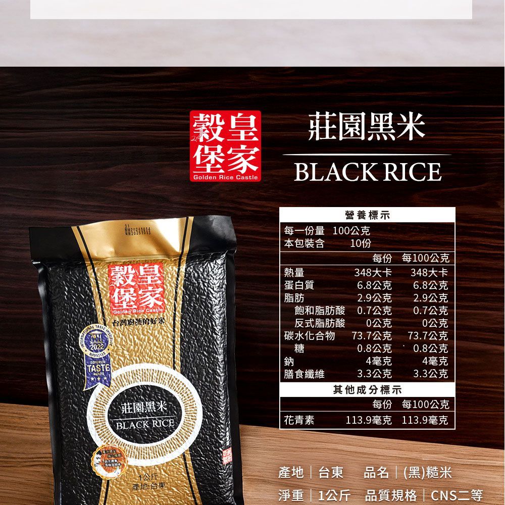 皇莊園黑米堡家 Rice BLACK RICE營養標示每一份量本包裝含100公克每份每100公克皇堡家熱量蛋白質348大卡348大卡6.8公克6.8公克脂肪2.9公克2.9公克Golden  Castle台灣的好米飽和脂肪酸0.7公克0.7公克 反式脂肪酸0公克0公克碳水化合物73.7公克73.7公克2022TASTE糖0.8公克 0.8公克鈉4毫克4毫克膳纖維3.3公克 3.3公克其他成分標示莊園黑米每份 每100公克BLACK RICE花青素113.9毫克 113.9毫克產地台東品名 (黑)糙米產地:台東食淨重  1公斤品質規格CNS二等