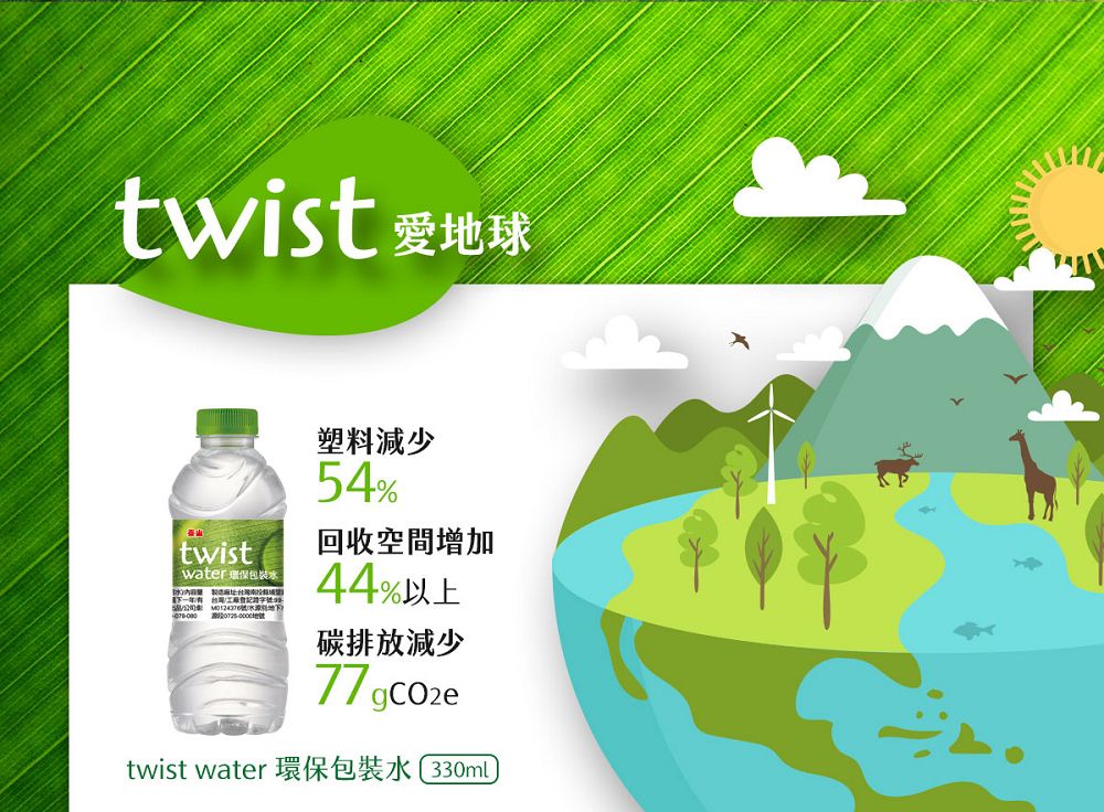 twist 球twistwater 環保包裝公司地號塑料減少54%回收空間增加44%以上碳排放減少77gcozetwist water 環保包裝水330ml