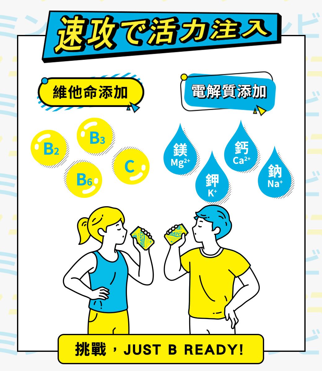 速攻で活力注入維他命添加電解質添加B3B2鎂鈣Mg2++B6鉀K+挑戰,JUST B READY!鈉Nat