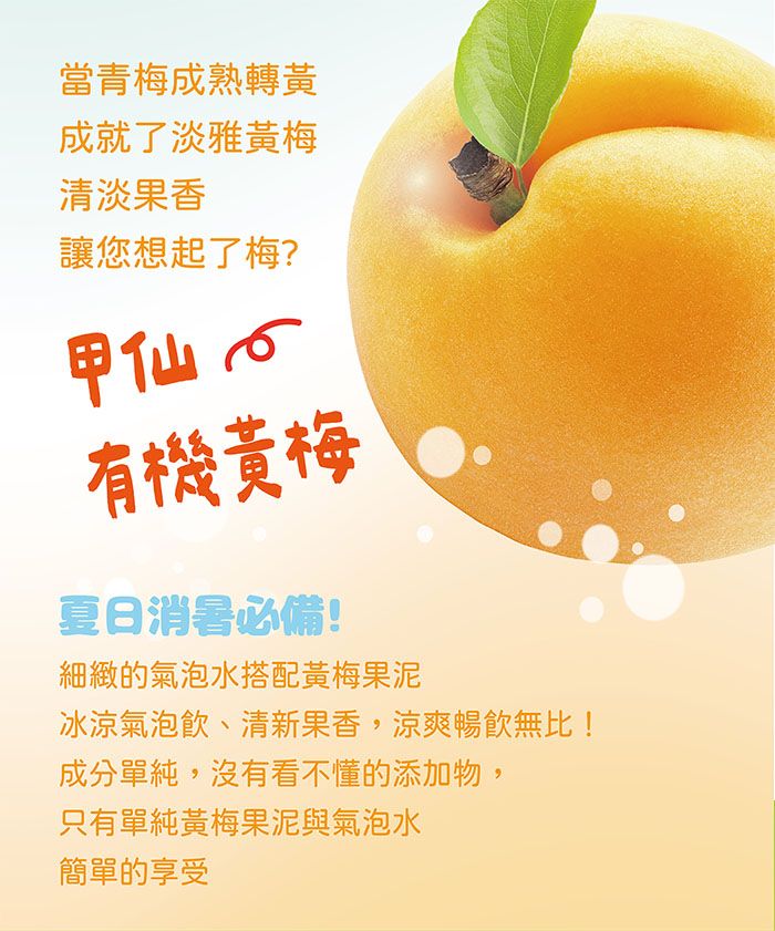 當青梅成熟轉黃成就了淡雅黃梅清淡果香讓您想起了梅?甲仙心有機黃梅夏日消暑必備!細緻的氣泡水搭配黃梅果泥冰涼氣泡飲、清新果香,涼爽暢飲無比!成分單純,沒有看不懂的添加物,只有單純黃梅果泥與氣泡水簡單的享受
