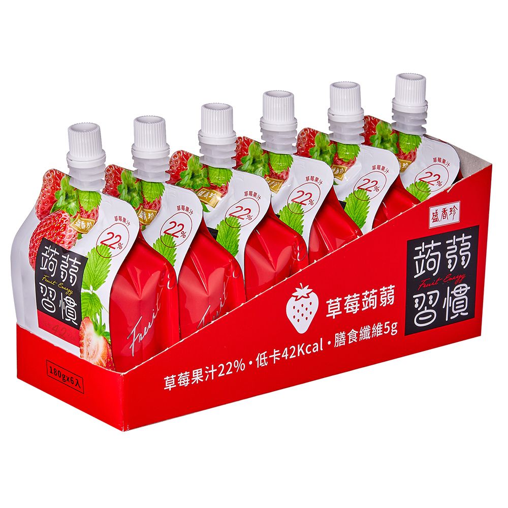 果22果22%草莓22%草莓盛香珍蒟蒻草莓蒟蒻 草莓果汁22%·低卡42Kcal膳食纖維5g習慣蒟蒻 果汁22%習慣22%180gx6入