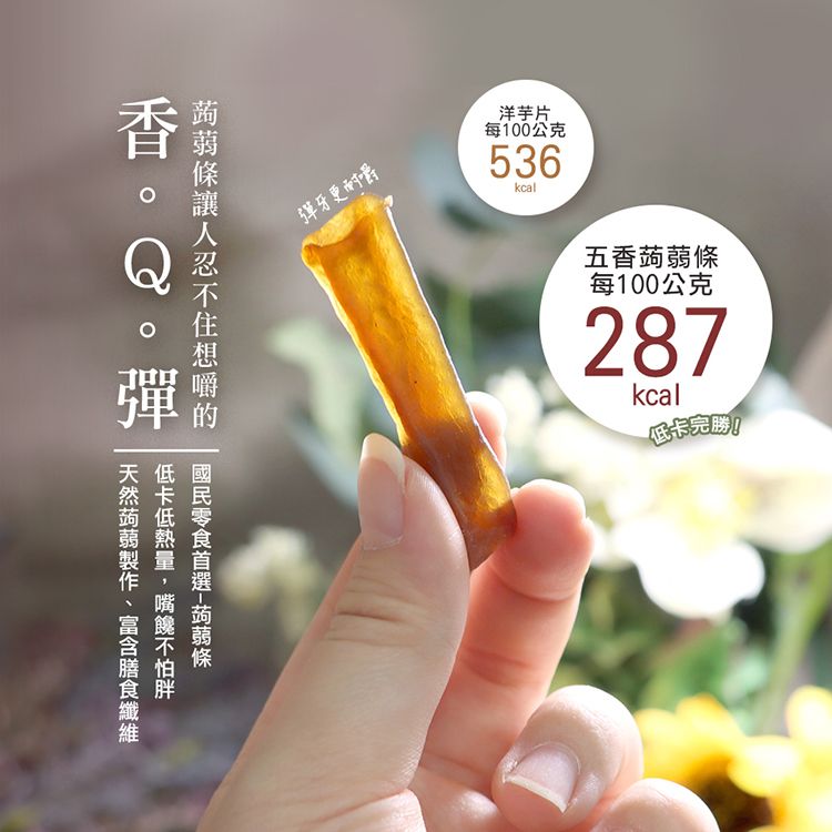 彈牙更耐嚼洋芋片每100公克536五香蒟蒻條每100公克287kcal卡完勝