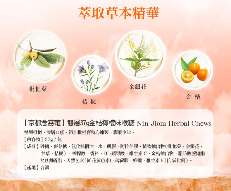 萃取草本精華枇杷葉金銀花金桔桔梗京都念慈菴雙層金桔檸檬味喉糖 Nin Jiom Herbal Chews雙層枇杷雙層口感添加枇杷膏精心煉製潤喉生津。【物】37g/包【成分】砂糖麥芽糖氫化棕櫚油水、明膠、阿拉伯膠、植物抽出物(枇杷葉、金銀花、甘草、桔梗)、檸檬酸、香料、DL-蘋果酸、C、金桔抽出物、脂肪酸蔗糖酯、大豆卵磷脂、天然色素(紅花黃色素)、薄荷腦、蜂蠟、維生素E(抗氧化劑)。【產地】台灣