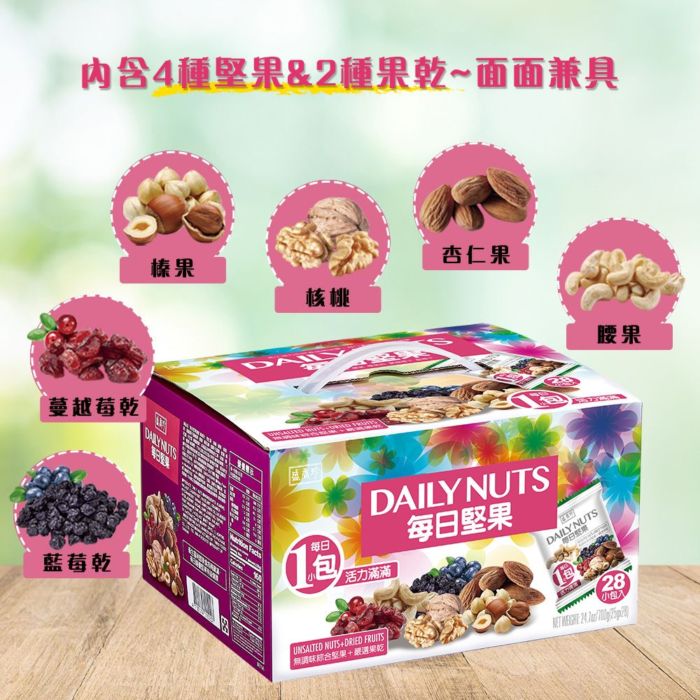内含4種堅果&2種果乾~面面兼具蔓越莓乾藍莓乾杏仁果榛果核桃腰果盛香珍每日包活力滿滿UNSALTED NUTSDRIED FRUITS無調味綜合堅果+嚴選果乾DAILY NUTS每日堅果28小包入