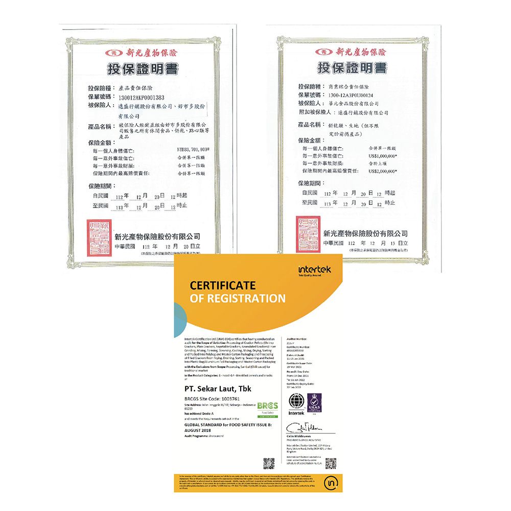 投保證明書投保險種 產品保險保單號碼 1300KP000133被保險人 盛行銷股份有限公司好市多股份有限公司產品名稱 被保險人好市多股份有限公司販售之所有休閒食品點心產品保險投保證明書投保險種 綜合保險保單號碼 130012A3P0U00124被保險人 元食品股份有限公司附加被保險人盛行銷股份有限公司產品名稱 、生地但不限保險金額定於前產品保險金額:每一個人身體:每一意外:每一意外事故NTD每一個人身體傷亡:合併限額每一意外事故傷亡U1000000合併單一限額每一意外事故:於保險責任:合併單一限额保險責任:U$2000000保險期間:保險期間:自民國112民國年1212月 12時起20  12時止自民國112年12月20日12時起至民國11312 月20 日 12時止新光產物保險股份有限公司中華民國 112年 12 月20 日立CERTIFICATEOF REGISTRATION新光產物保險股份有限公司中華民國112年12月13日立tertek  )         :     S   ,      , ,                             :       :    PT. Sekar Laut, TbkBRCGS  Code: 1003761Site :  , S-  : A    i GLOBAL STANDARD for FOOD SAFETY ISSUE 8:AUGUST 2018  UKASIntertek (n)