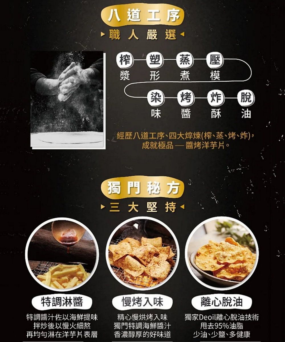 漿 形八道工序職人嚴選榨塑蒸壓模染 烤 炸味 酥經歷八道工序、四大(榨、蒸、烤、炸成就極品——醬烤洋芋片。油獨門秘方三大堅持特調醬慢烤入味離心脫油特調醬汁佐以海鮮提味拌炒後以慢火細熬再均勻淋在洋芋片表層精心慢烘烤入味獨門特調海鮮醬汁香濃醇厚的好味道獨家Deoil離心脫油技術甩去95%油脂少油、少鹽、多健康