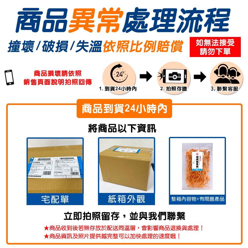商品異常處理流程撞壞/破損/失溫依照比例賠償 如無法接受請勿下單商品損壞請依照24銷售頁面說明拍照回傳1. 到貨24小時2. 拍照存證3. 聯繫客服商品到貨24小時內將商品以下資訊33581 桃宅配單紙箱外觀整箱內容物+有問題產品立即拍照留存,並與我們聯繫★商品收到後若無存放於配送同溫層,會影響商品退換貨處理!★商品資訊及照片提供越完整可以加快處理的速度哦!