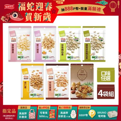 Viva 萬歲牌 袋裝堅果4入組〈香酥腰果/蜜汁腰果/珍味雙果/杏仁果/椰棗核桃/原味開心果/蒜味開心果-口味任選〉