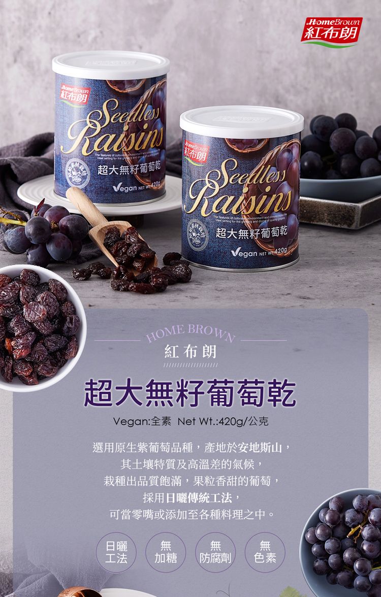 紅布朗超大無籽葡萄乾Vegan  紅布朗超大無籽葡萄乾Vegan  HOMEBROWN紅布朗超大無籽葡萄乾Vegan:全素 Net 公克選用原生紫葡萄品種,產地於安地斯山,其土壤特質及高溫差的氣候,栽種出品質飽滿,果粒香甜的葡萄,採用日曬傳統工法,可當零嘴或添加至各種料理之中。日曬工法無無加糖防腐劑 色素HomeBrown紅布朗