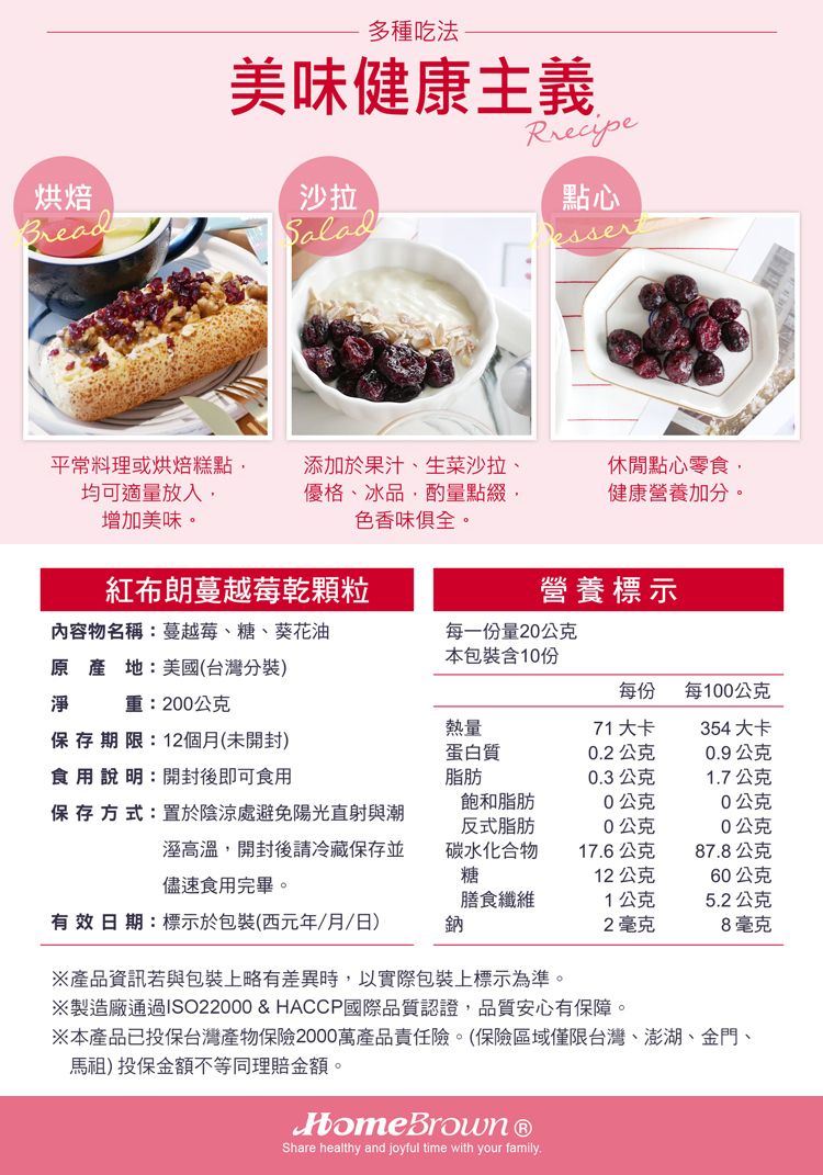 烘焙Bread多種吃法美味健康主義沙拉SaladRrecipe點心esser平常料理或烘焙糕點均可適量放入增加美味。添加於果汁、生菜沙拉、優格、冰品酌量點綴,色香味俱全。休閒點心零食,健康營養加分。紅布朗蔓越莓乾顆粒營養標示重:200公克內容物名稱:蔓越莓、糖、葵花油原產地:美國(台灣分裝)淨每一份量20公克本包裝含10份每份每100公克熱量71大卡354大卡保存期限:12個月(未開封)食用說明:開封後即可食用蛋白質02公克0.9公克脂肪0.3公克1.7公克保存方式:置於陰涼處避免陽光直射與潮飽和脂肪反式脂肪0公克0公克0公克0公克溼高溫,開封後請冷藏保存並碳水化合物糖17.6公克87.8公克12公克60公克儘速食用完畢。膳食纖維1公克5.2公克有效日期:標示於包裝(西元年/月/日)鈉2毫克8毫克※產品資訊若與包裝上略有差異時,以實際包裝上標示為準。※製造廠通過ISO22000 & HACCP國際品質認證,品質安心有保障。※本產品已投保台灣產物保險2000萬產品責任險。(保險區域僅限台灣、澎湖、金門、馬祖)投保金額不等同理賠金額。HomeBrown Share healthy and joyful time with your family.