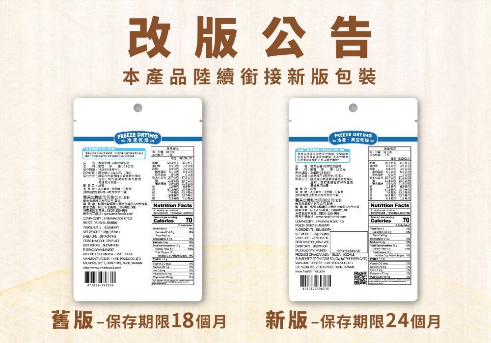 改版告本產品陸續銜接新版包裝REEZE ING 每 冷凍  F 保   DRYING冷凍真空乾燥   DRYING 存  335+   Nutrition Facts Calories713址 ODIY  FREEZE  INGREDIENTS NET   SHELF  SRENOL BEST BEFORE    OF CANADA     CO    2           股份有限公司  FREEZE  INGREDIENTS NET  SHELF LIFE  MONTHS DRY   SHOWN ON號  公  Nutrition Facts     Calories7  1T MMRODUCT OF ACANADA     TO    THE  DATE) MANUFACTURED    CO    2   4710126398238 4710126398238P00舊版-保存期限18個月新版-保存期限24個月