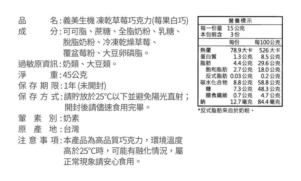 名:義美生機 凍乾草莓巧克力(莓果白巧)營養標示分:可可脂、蔗糖、全脂奶粉、乳糖、每一份量 本包裝含15公克3份脫脂奶粉、冷凍乾燥草莓、每份每100公克覆盆莓粉、大豆卵磷脂。熱量78.9大卡526大卡蛋白質1.3公克8.5公克過敏原資訊:奶類、大豆類。脂肪4.4公克29.6公克飽和脂肪2.7公克18.0公克淨保存期限:1年(未開封)重:45公克反式脂肪0.03公克0.2公克|碳水化合物糖8.8公克58.8公克7.3公克48.3公克保存方式:請貯放於25以下並避免陽光直射;開封後請儘速食用完畢。膳食纖維 0.7公克鈉4.7公克12.7毫克84.4毫克*反式脂肪來自於奶粉。葷素別:奶素原產地:台灣注意事項:本產品為高品質巧克力,環境溫度高於25℃時,可能有融化情況,屬正常現象請安心食用。