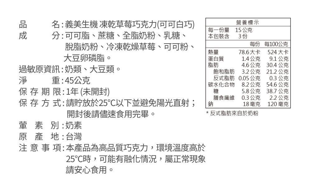 名:義美生機 凍乾草莓巧克力(可可白巧)分:可可脂、蔗糖、全脂奶粉、乳糖、每一量本包裝含營養標示15公克3 份脫脂奶粉、冷凍乾燥草莓、可可粉、大豆卵磷脂。每份每100公克熱量蛋白質78.6大卡524 大卡 1.4公克9.1公克 脂肪4.6公克30.4公克過敏原資訊:奶類、大豆類。飽和脂肪3.2公克21.2公克淨重:45公克反式脂肪0.05公克0.3公克保存期限:1年(未開封)碳水化合物糖8.2公克54.6公克5.8公克38.7公克保存方式:請貯放於25以下並避免陽光直射;開封後請儘速食用完畢。膳食纖維 0.3公克鈉2.2公克18毫克120毫克*反式脂肪來自於奶粉葷素別:奶素原產地:台灣 意 事 項:本產品為高品質巧克力,環境溫度高於25時,可能有融化情況,屬正常現象請安心食用。