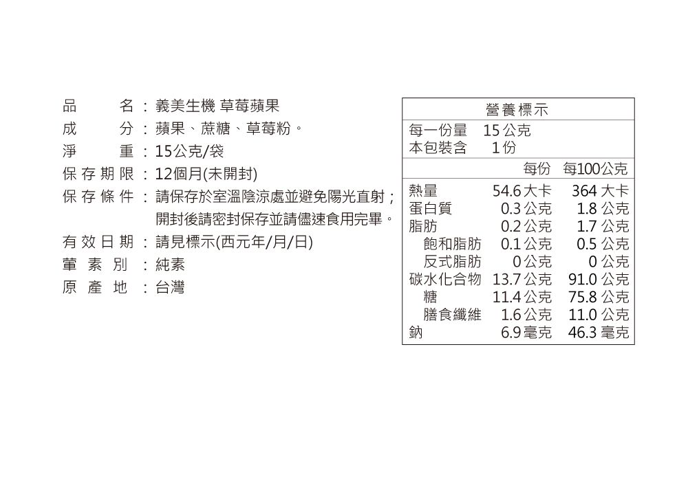 名:義美生機 草莓蘋果營養標示分:蘋果、蔗糖、草莓粉。重:15公克/袋每一份量本包裝含15公克1份存期限:12個月(未開封)每份每100公克保 存 條  :請保存於室溫陰涼處並避免陽光直射;熱量蛋白質54.6大卡364 大卡0.3公克1.8公克開封後請密封保存並請儘速食用完畢。脂肪0.2公克1.7公克有效日期:請見標示(西元年/月/日)飽和脂肪0.1公克0.5公克葷素別:純素反式脂肪0公克0公克碳水化合物13.7公克91.0公克原產地:台灣糖11.4公克75.8公克膳食纖維1.6公克11.0公克鈉6.9毫克46.3毫克