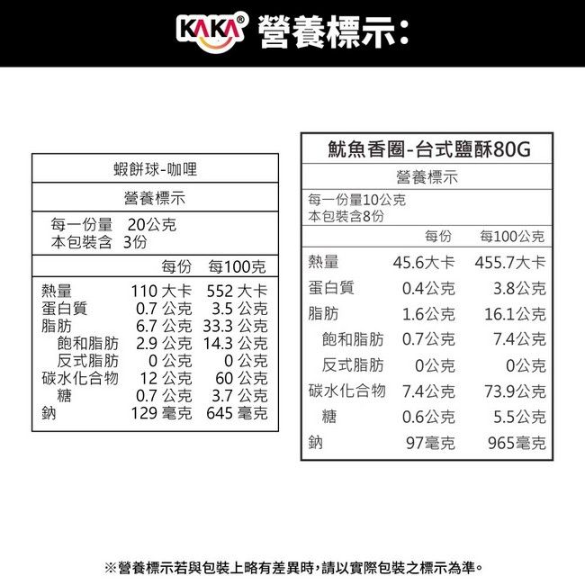 kaka 醬燒蝦餅 原味 辣味 南洋咖哩  魷魚香圈 台式鹽酥 5包