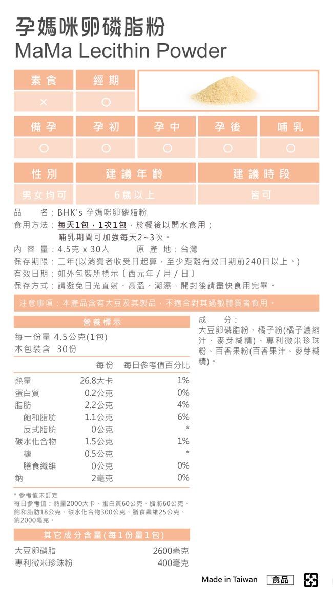 孕媽咪卵磷脂粉MaMa Lecithin Powder素食經期備孕孕初孕中孕後哺乳性別建議年齡建議時段男女均可6歲以上皆可品名BHKs 孕媽咪卵磷脂粉食用方法:每天1包11包於餐後以開水食用;哺乳期間可加強每天2~次。內容量:4.5克x30入原產地:台灣保存期限:二年以消費者收受日起算至少距離有效日期前240日以上。有效日期:如外包裝所標示(西元年/月/日)保存方式:請避免日光直射高溫潮濕,開封後請盡快食用完畢。注意事項:本產品含有大豆及其製品,不適合對其過敏體質者食用・分:大豆卵磷脂粉橘子粉(橘子濃縮汁、麥芽糊精)、專利微米珍珠粉、百香果粉(百香果汁、麥芽糊精)。營養標示每一份量4.5公克(1包)本包裝含 30份每份 每日參考值百分比熱量26.8大卡1%蛋白質0.2公克0%脂肪2.2公克4%飽和脂肪1.1公克6%反式脂肪0公克碳水化合物1.5公克1%糖0.5公克膳食0公克0%鈉2毫克0%* 參考值未訂定每日參考值:熱量2000大卡、蛋白質60公克、脂肪0公克、飽和脂肪18公克、碳水化合物300公克、膳食纖維25公克、鈉2000毫克。其它成分含量(每1份量1包)大豆卵磷脂專利微米珍珠粉2600毫克400毫克Made in Taiwan[食品 3