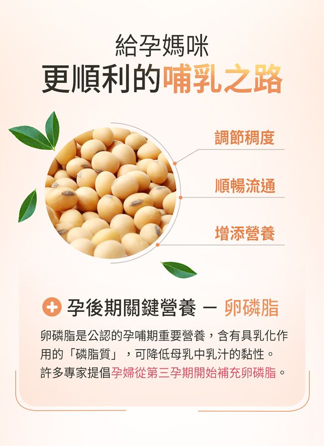 給孕媽咪更順利的哺乳之路調節稠度順暢流通增添營養孕後期關鍵營養- 卵磷脂卵磷脂是公認的孕哺期重要營養,含有具乳化作用的「磷脂質」,可降低母乳中乳汁的黏性。許多專家提倡孕婦從第三孕期開始補充卵磷脂。