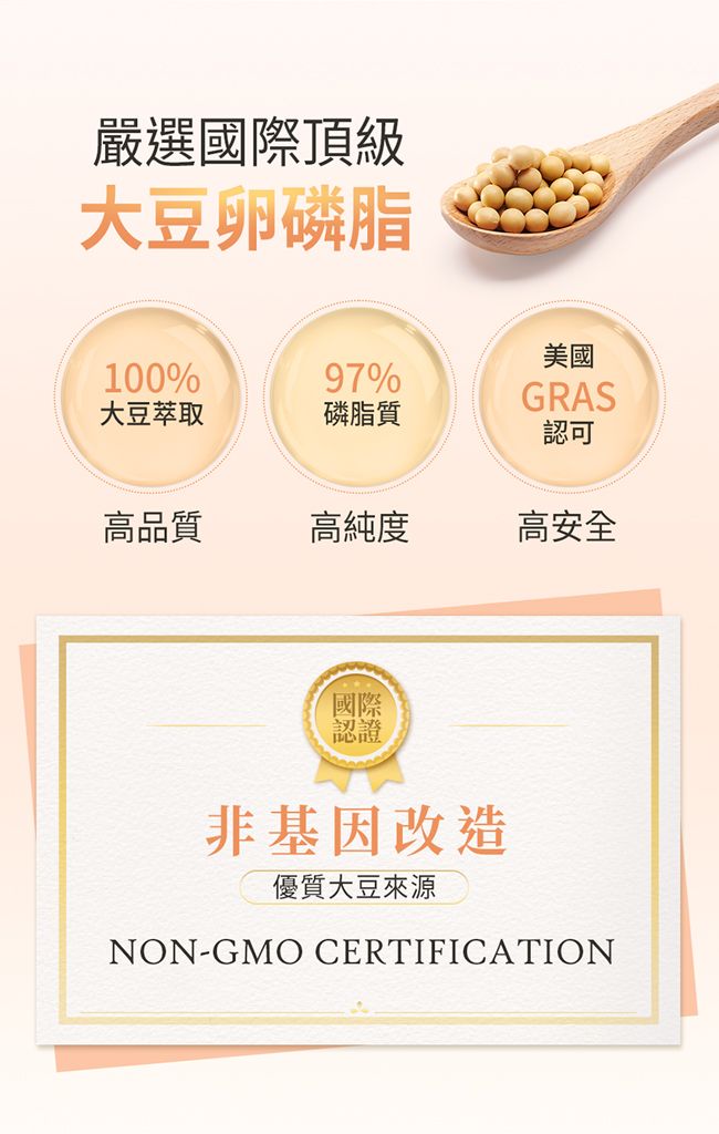 嚴選國際頂級大豆卵磷脂美國100%97%GRAS大豆萃取磷脂質認可高品質高純度高安全國際認證非基因改造優質大豆來源NON-GMO CERTIFICATION