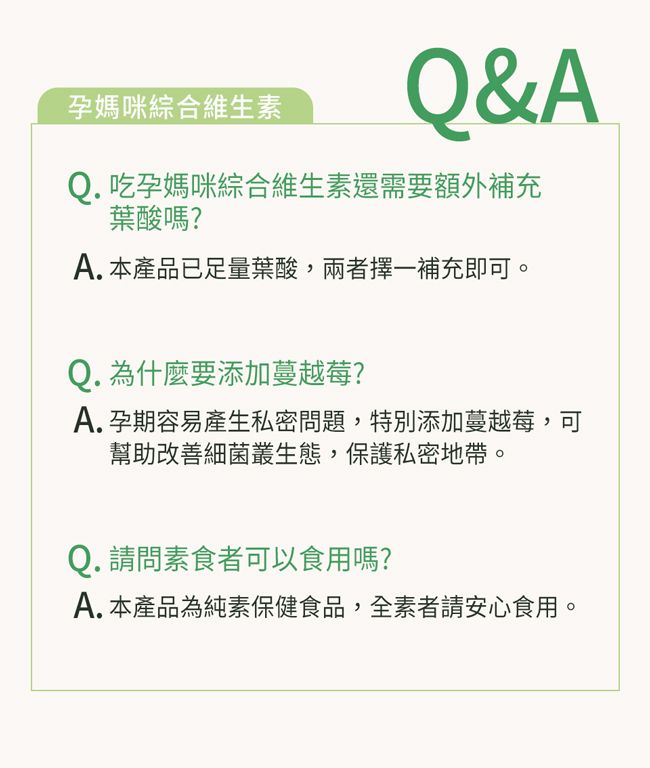 孕媽咪綜合維生素Q&AQ. 吃孕媽咪綜合維生素還需要額外補充葉酸嗎?A.本產品已足量葉酸,兩者擇一補充即可。Q. 為什麼要添加蔓越莓?A. 孕期容易產生私密問題,特別添加蔓越莓,可幫助改善細菌叢生態,保護私密地帶。Q. 請問素食者可以食用嗎?A.本產品為純素保健食品,全素者請安心食用。