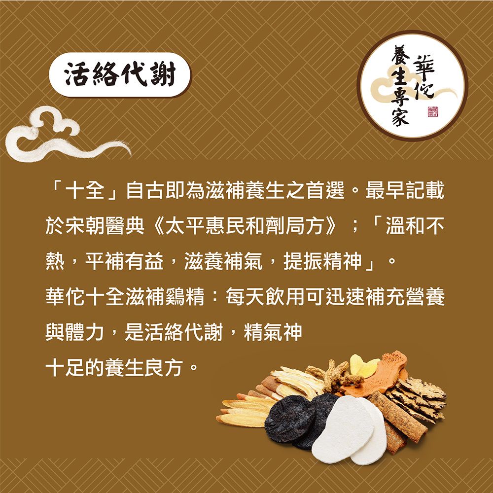 活絡代謝「十全」自古即為滋補養生之首選。最早記載於宋朝醫典《太平惠民和劑局方》;「溫和不熱,平補有益,滋養補氣,提振精神」。華佗十全滋補鷄精:每天飲用可迅速補充營養與體力,是活絡代謝,精氣神十足的養生良方。