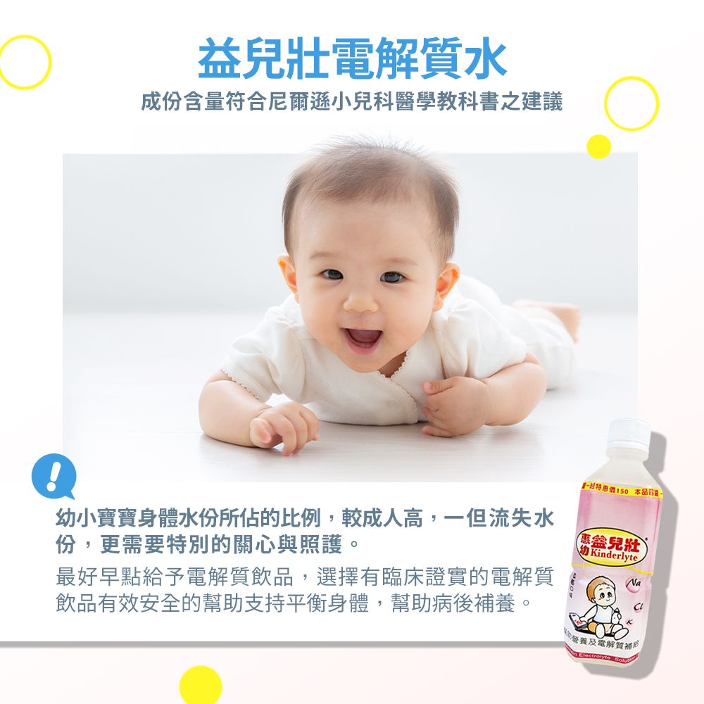 益兒壯電解質水成份含量符合尼爾遜小兒科醫學教科書之建議價150 幼小寶寶身體水份所佔的比例,較成人高,一但流失水份,更需要特別的關心與照護。最好早點給予電解質飲品,選擇有臨床證實的電解質飲品有效安全的幫助支持平衡身體,幫助病後補養。兒壯KderlyteNa及電解質補in