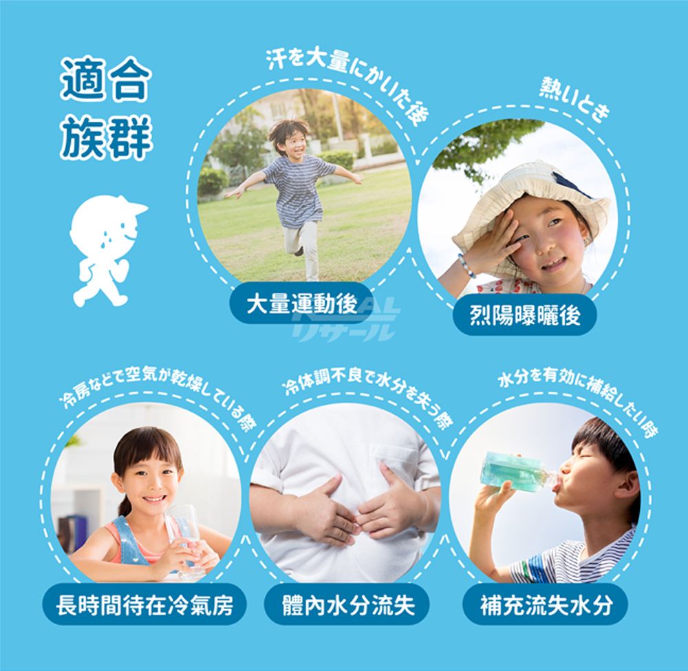 適合族群など汗を大量にかいた後とき大量運動後烈陽曝曬後冷体調不水分を失う際水分を有効に補給たい時している際長時間待在冷氣房水分流失補充流失水分