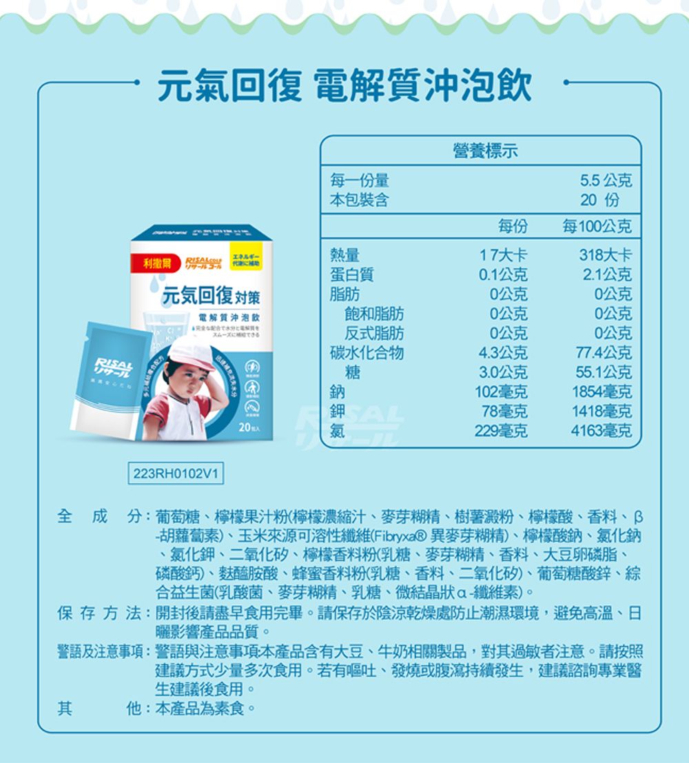 元氣回復 電解質沖泡飲營養標示每一份量5.5公克本包裝含20 每份每100公克熱量17大卡318大卡利撒爾 RISAL蛋白質0.1公克2.1公克元気回復脂肪0公克0公克電解質沖泡飲飽和脂肪0公克0公克スムーズにできる反式脂肪0公克0公克碳水化合物4.3公克77.4公克 糖3.0公克55.1公克102毫克1854毫克SAL78毫克1418毫克229毫克4163毫克223RH0102V1全成分葡萄糖檸檬果汁粉(檸檬濃縮汁芽糊精、樹薯澱粉、檸檬酸、香料、-胡蘿蔔素、玉米來源可溶性纖維(Fibryxa® 異麥芽糊精)、檸檬酸鈉、氯化鈉、氯化鉀、二氧化矽、檸檬香料粉(乳糖、麥芽糊精、香料、大豆卵磷脂、磷酸鈣)、麥醯胺酸、蜂蜜香料粉(乳糖、香料、二氧化矽)、葡萄糖酸鋅、綜合益生菌(乳酸菌、麥芽糊精、乳糖、微結晶狀a-纖維素)。保存方法:開封後請盡早食用完畢。請保存於陰涼乾燥處防止潮濕環境,避免高溫、日曬影響產品品質。警語及注意事項:警語與注意事項:本產品含有大豆、牛奶相關製品,對過敏者注意。請按照建議方式少量多次食用。若有嘔吐、發燒或腹瀉持續發生,建議諮詢專業醫生建議後食用。其他:本產品為素食。
