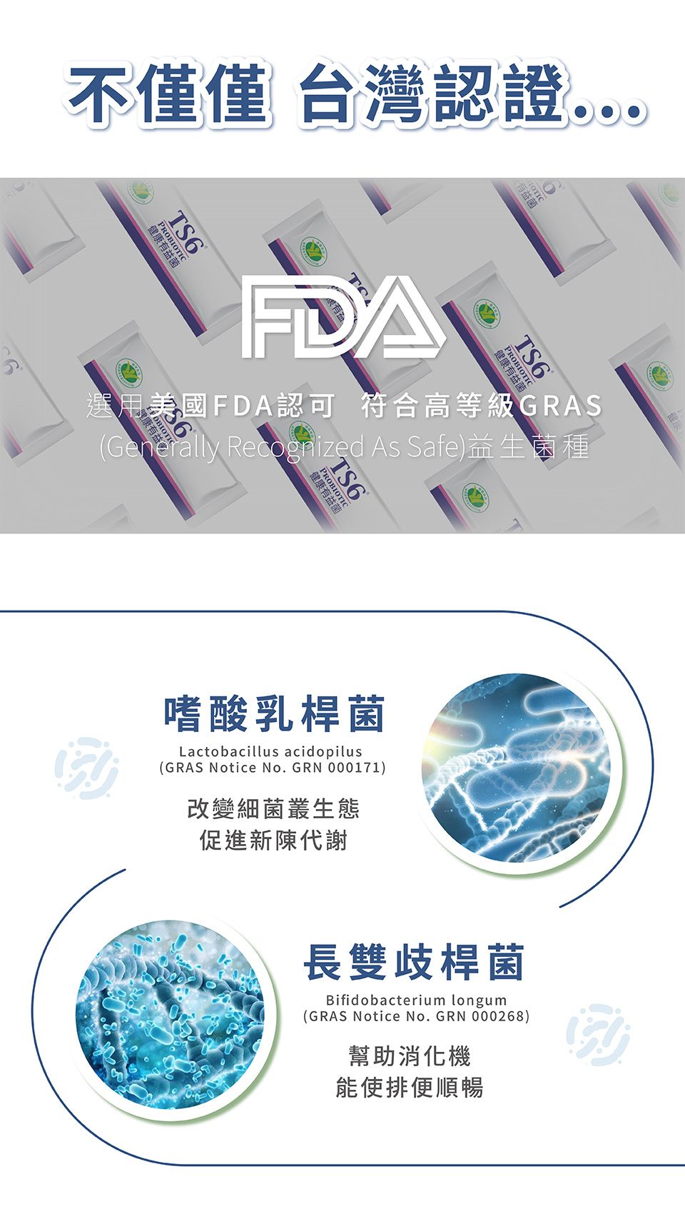 不僅僅 台灣認證健康有益菌PROBIOFDA選用美國FDA認可 符合高等級GRASPRO健康有益菌(Generally Recognized As Safe)益生菌種TS6®嗜酸乳桿菌Lactobacillus acidopilus(GRAS Notice No. GRN 000171)改變細菌叢生態促進新陳代謝長雙歧桿菌Bifidobacterium longum(GRAS Notice No. GRN 000268)幫助消化機能使排便順暢