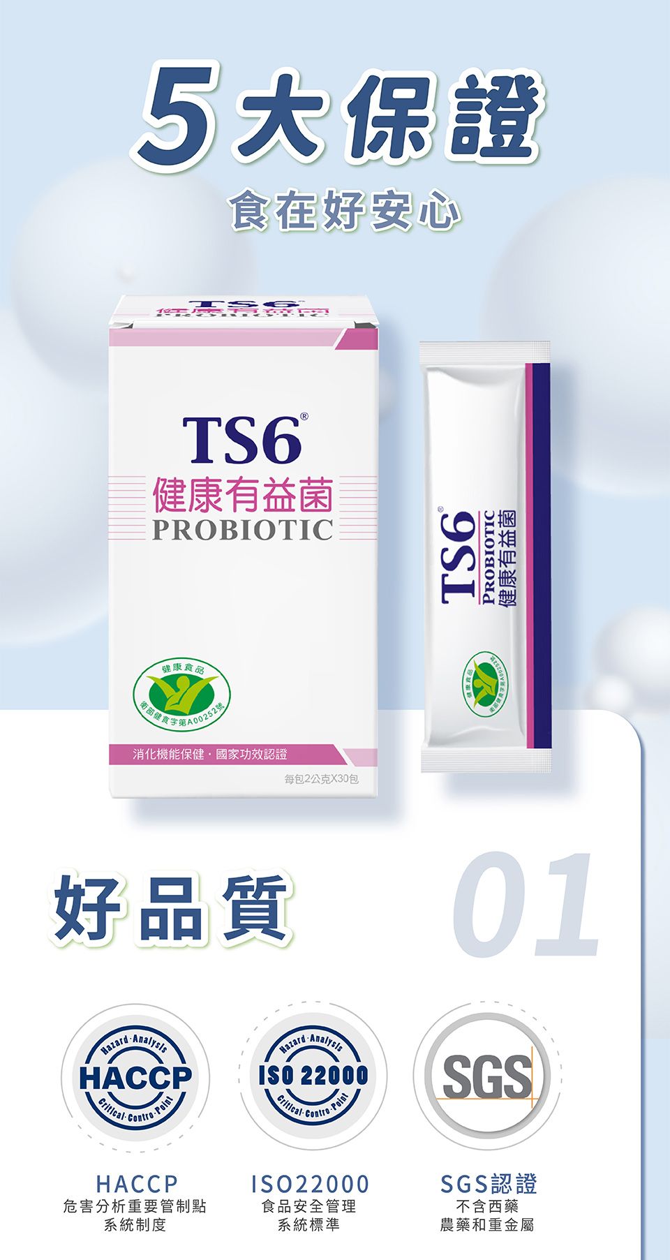 5大保證在好安心 健康有益菌PROBIOTIC「健康食品衛部健食00252號消化機能保健國家功效認證每包2公克X30包PROBIOTIC健康有益菌好品質.AnalysisHACCP Wazard.AnalysisISO 22000Critical01SGSHACCP危害分析重要管制點系統制度ISO22000食品安全管理系統標準SGS認證不含西藥農藥和重金屬