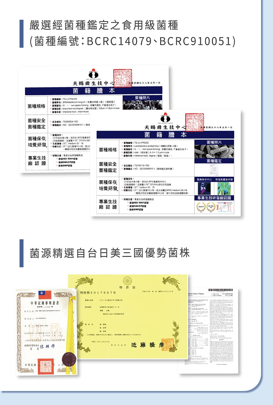 嚴選經鑑定之食用級種種BCRC4079BCRC90051天賜爾九十八年五月日籍本TSAPAAS種規格 L選種G  forming 不會拍子。branched rod-shaped   in  tract  安全報告照片菌種鑑定 菌種養 1冷凍菌2菌粉 天賜爾中心國九十八年五月日菌籍謄本編號TS- 菌種照片方式 小時小菌種規格生生技製造 (乳桿菌菌G(+)-spore forming 不會。:(狀菌)1.5um in size一菌種:Intestinal tract Vagina(廠菌種鑑定證菌種安全安全報告:TS0119-1RD菌種鑑定一::() 菌康中心 常溫研發菌種保存(1)甘油冷凍小:保存民保存中心(2)菌粉::10 保存環境::培費方式:37菌種小時,MRS  24小時,24小時,行活性溫度乾燥。:專業生技研發製造專業生技研發廠認證專業生技廠認證 9001GMP認菌源精選自台日美三國優勢菌株特許3017687号  中華民國中華民國近藤隆產