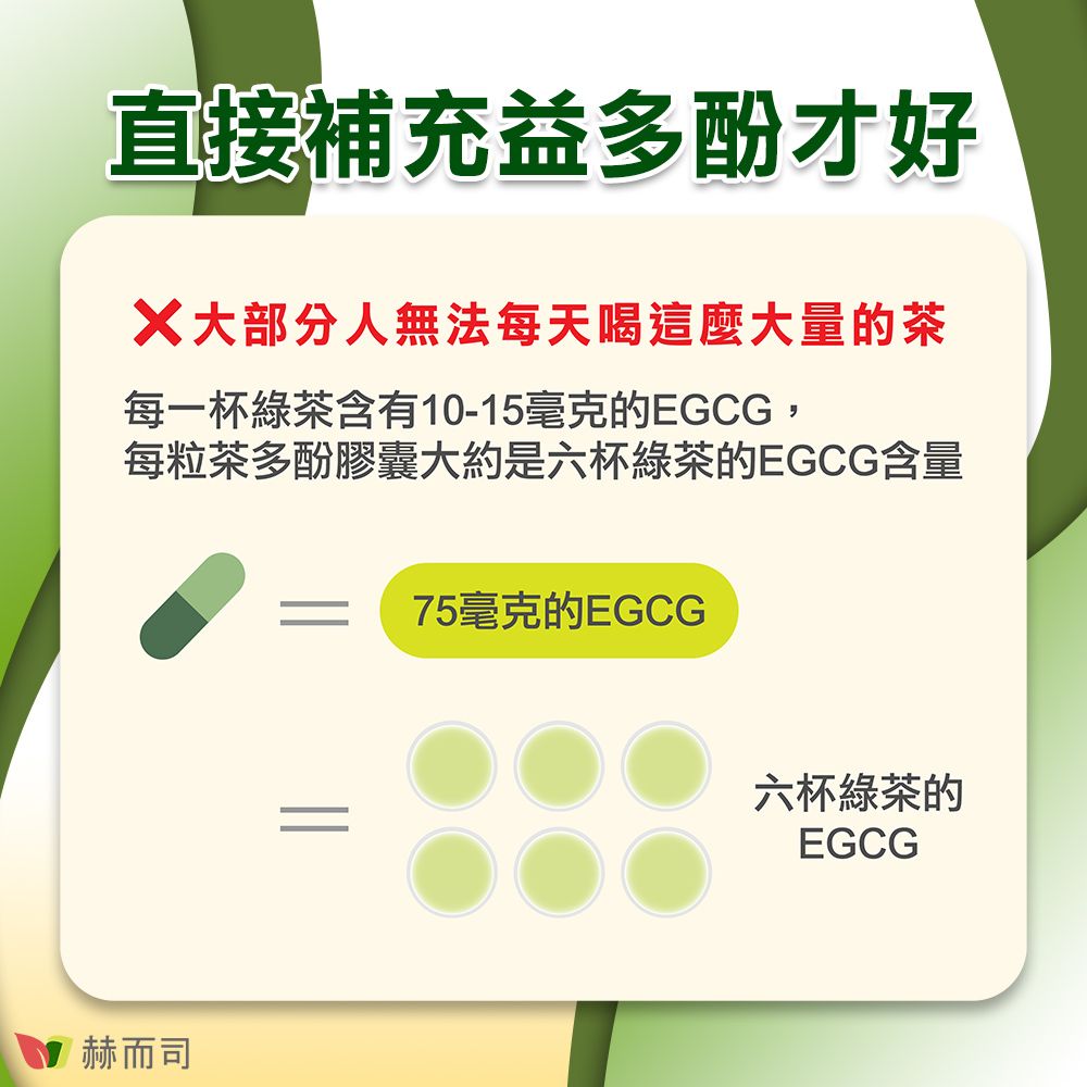 直接補充益多酚才好大部分人無法每天喝這麼大量的茶每一杯綠茶含有10-15毫克的EGCG,每粒茶多酚膠囊大約是六杯綠茶的EGCG含量= 75毫克的EGCG赫而司六杯綠茶的EGCG