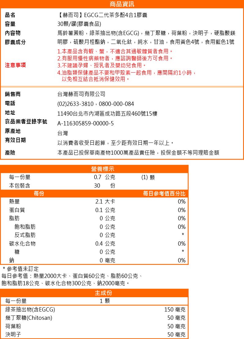 商品資訊品名容量內容物膠囊成分注意事項銷售商電話地址食品業者登錄字號原產地有效日期產險【赫而司】EGCG二代茶多酚4合1膠囊3顆/罐(膠囊食品)馬鈴薯澱粉,綠茶抽出物(含EGCG),幾丁聚糖,荷葉粉,決明子,硬脂酸鎂明膠,硫酸月桂酯鈉,二氧化鈦,純水,甘油,食用黃色4號,食用藍色1號1.本產品含有蝦、蟹,不適合其過敏體質者食用。2.有服用慢性病藥物者,應諮詢醫師後方可食用。3.不建議孕婦、授乳者及嬰幼兒食用。4.油脂類保健產品不要和甲殼素一起食用,應間隔約1小時,以免相互結合抵消保健效用。台灣赫而司有限公司(02)2633-3810 0800-000-08411490台北市內湖區成功路五段460號15樓A-116305859-00000-5台灣以消費者收受日起算,至少距有效日期一年以上。本產品已投保華南產物1000萬產品責任險,投保金額不等同理賠金額營養標示每一份量0.7公克(1)顆本包裝含30 份每份每日參考值百分比熱量2.1 大卡0%蛋白質0.1 公克0%脂肪0公克0%飽和脂肪0公克0%反式脂肪0公克碳水化合物0%0.4 公克糖0公克鈉0毫克0%*參考值未訂定每日參考值熱量2000大卡、蛋白質60公克、脂肪60公克、飽和脂肪18公克、碳水化合物300公克、鈉2000毫克。主成份每一份量1顆綠茶抽出物(含EGCG)幾丁聚糖(Chitosan)荷葉粉決明子150毫克50毫克50毫克50毫克