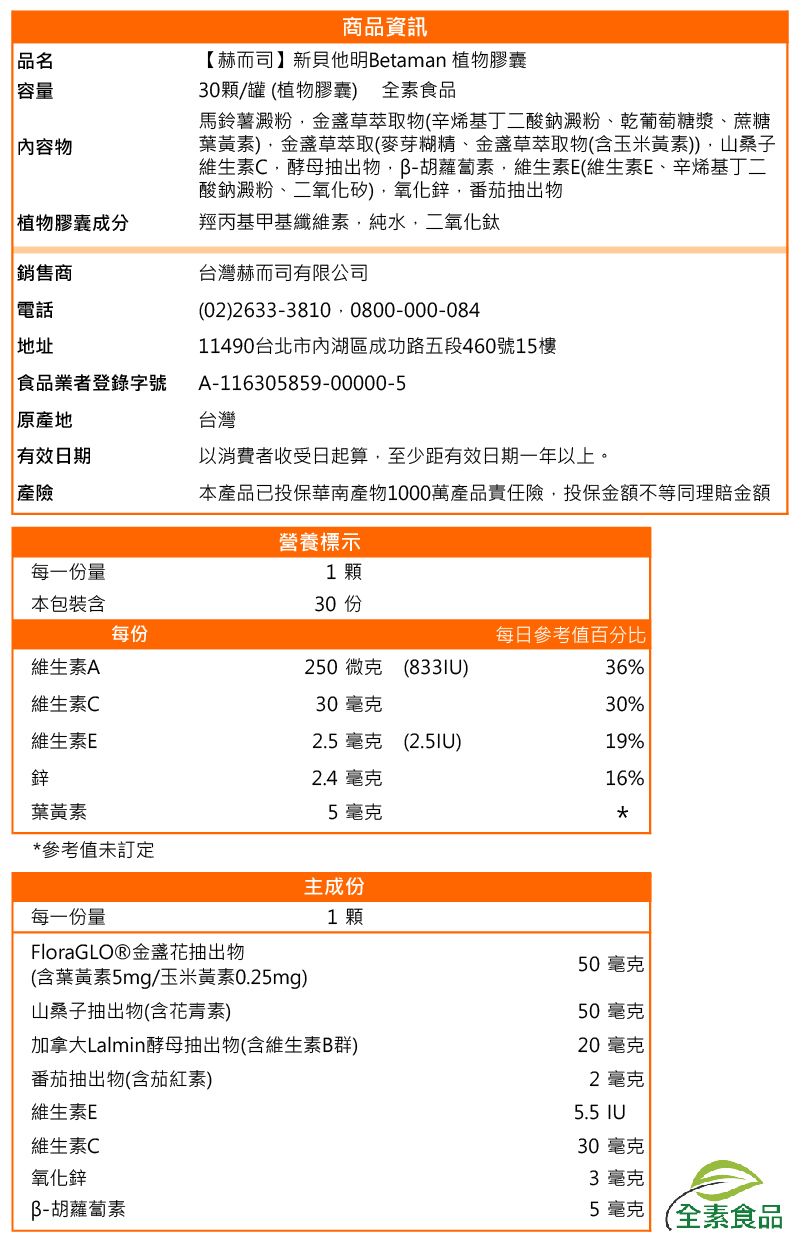 品名容量內容物商品資訊【赫而司】新貝他明Betaman 植物膠囊30顆/罐 (植物膠囊 全素食品馬鈴薯澱粉金盞草萃取物(辛烯基丁二酸鈉澱粉、乾葡萄糖漿、蔗糖葉黃素)金盞草萃取(麥芽糊精、金盞草萃取物(含玉米黃素))山桑子維生素C,酵母抽出物,胡蘿蔔素,維生素E(維生素E、辛烯基丁二酸鈉澱粉、二氧化矽),氧化鋅,番茄抽出物 植物膠囊成分羥丙基甲基纖維素,純水,二氧化鈦銷售商 電話地址食品業者登錄字號原產地| 有效日期產險每一份量台灣赫而司有限公司(02)2633-3810 0800-000-08411490台北市內湖區成功路五段460號15樓A-116305859-00000-5台灣以消費者收受日起算,至少距有效日期一年以上。本產品已投保華南產物1000萬產品責任險,投保金額不等同理賠金額營養標示1顆30 本包裝含每份每日參考值百分比維生素A250微克 ()36%維生素C30毫克30%維生素E2.5 毫克 (2.5IU)19%鋅2.4 毫克16%葉黃素5毫克*參考值未訂定每一份量FloraGLO®金盞花抽出物主成份1顆50毫克(含葉黃素5mg/玉米黃素0.25mg)山桑子抽出物(含花青素)50毫克加拿大Lalmin酵母抽出物(含維生素B群)20毫克番茄抽出物(含茄紅素)2毫克維生素E維生素C氧化鋅胡蘿蔔素5.5 IU30 毫克3毫克5 毫克 全素食品