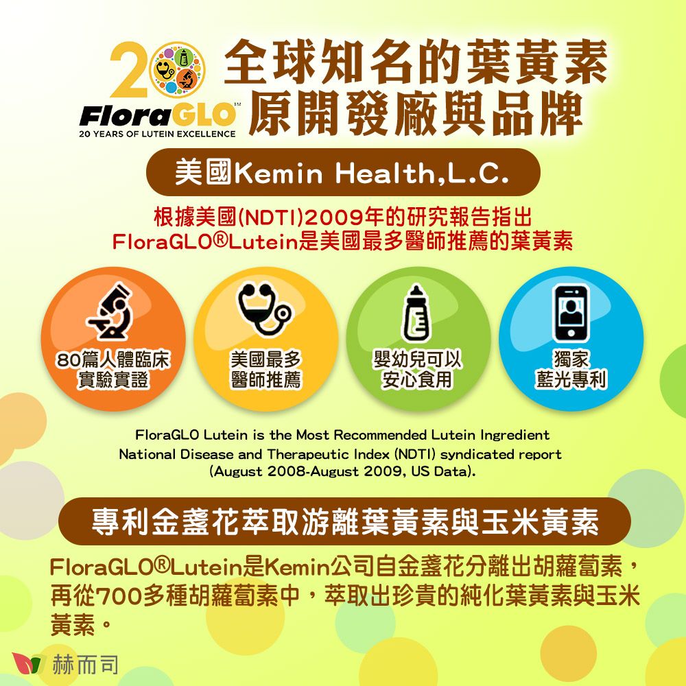 全球知名的葉黃素FloraGLO 原開發廠與品牌20 YEARS OF LUTEIN EXCELLENCE美國Kemin Health,L.C.根據美國(NDTI)2009年的研究報告指出FloraGLO®Lutein是美國最多醫師推薦的葉黃素80篇人體臨床美國最多實驗實證醫師推薦嬰幼兒可以安心食用獨家藍光專利FloraGLO Lutein is the Most Recommended Lutein IngredientNational Disease and Therapeutic Index (NDTI) syndicated report(August 2008-August 2009, US Data).專利金盞花萃取游離葉黃素與玉米黃素FloraGLO®Lutein是Kemin公司自金盞花分離出胡蘿蔔素,再從700多種胡蘿蔔素中,萃取出珍貴的純化葉黃素與玉米黃素。赫而司