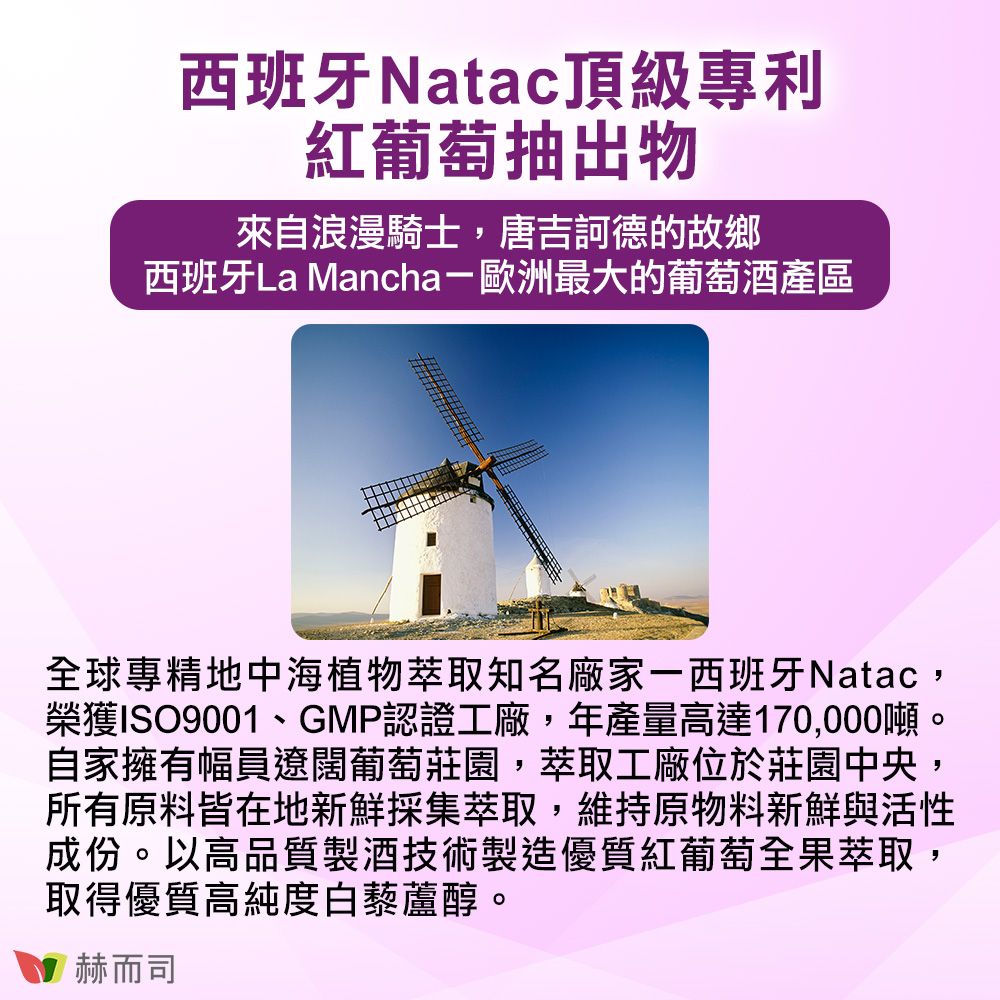 西班牙Natac頂級專利紅葡萄抽出物來自浪漫騎士唐吉訶德的故鄉西班牙La Mancha-歐洲最大的葡萄酒產區,全球專精地中海植物萃取知名廠家一西班牙Natac榮獲ISO9001、GMP認證工廠,年產量高達170,000噸。自家擁有幅員遼闊葡萄莊園,萃取工廠位於莊園中央,所有原料皆在地新鮮採集萃取,維持原物料新鮮與活性成份。以高品質製酒技術製造優質紅葡萄全果萃取,取得優質高純度白藜蘆醇。赫而司