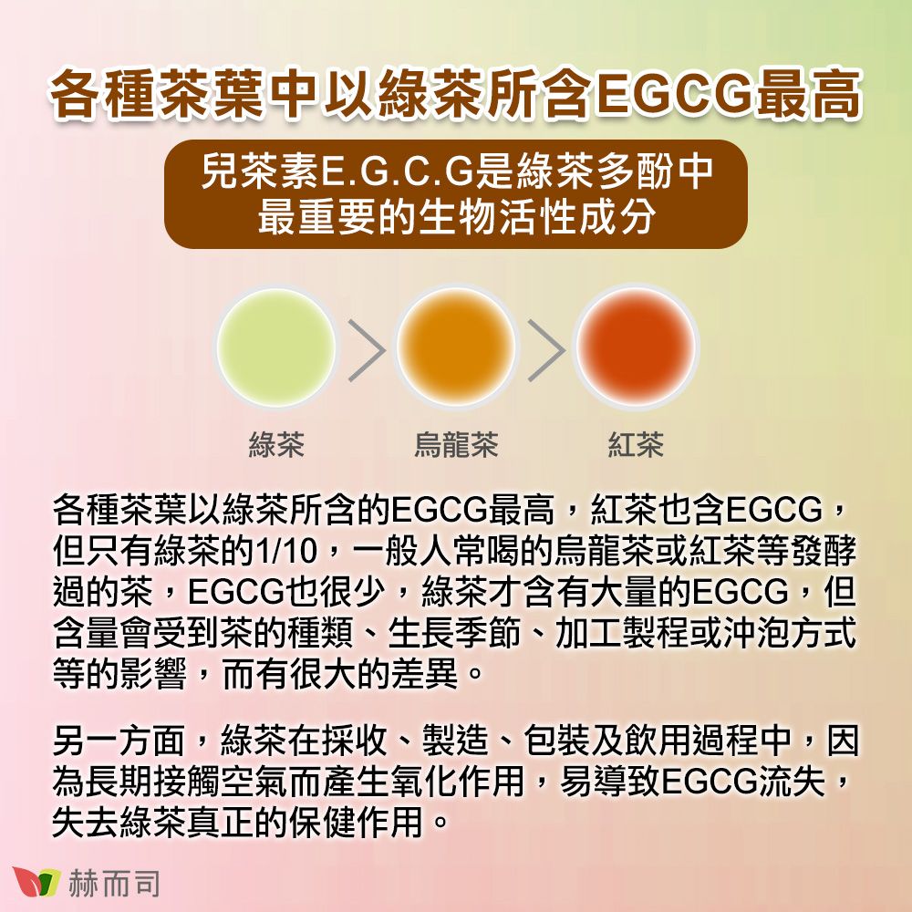 各種茶葉中以綠茶所含EGCG最高兒茶素E.G.C.G是綠茶多酚中最重要的生物活性成分綠茶烏龍茶紅茶各種茶葉以綠茶所含的EGCG最高,紅茶也含EGCG,但只有綠茶的1/10,一般人常喝的烏龍茶或紅茶等發酵過的茶,EGCG也很少,綠茶才含有大量的EGCG,但含量會受到茶的種類、生長季節、加工製程或沖泡方式等的影響,而有很大的差異。另一方面,綠茶在採收、製造、包裝及飲用過程中,因為長期接觸空氣而產生氧化作用,易導致EGCG流失,失去綠茶真正的保健作用。赫而司