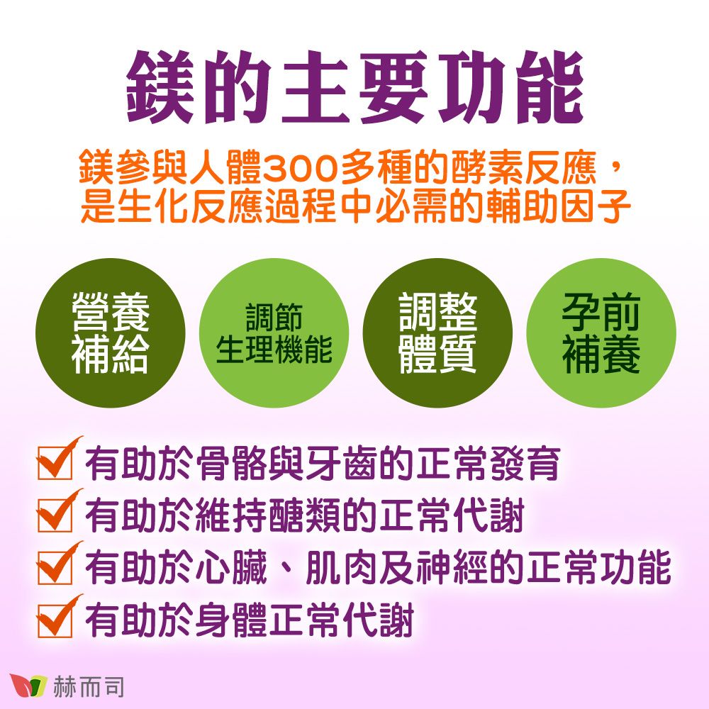 鎂的主要功能鎂參與人體300多種的酵素反應,是生化反應過程中必需的輔助因子營養調節調整孕前補給生理機能體質補養有助於骨骼與牙齒的正常發育 有助於維持醣類的正常代謝 有助於心臟、肌肉及神經的正常功能 有助於身體正常代謝赫而司