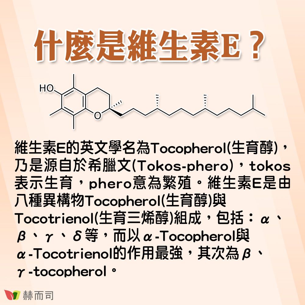 什麼是維生素E?維生素E的英文學名為Tocopheol(生育醇)乃是源自於希臘文(Tokos-phero),tokos表示生育,phero意為繁殖。維生素E是由八種異構物Tocopherol(生育醇)與Tocotrienol(生育三烯醇)組成,包括:,而-Tocopherol與-Tocotrienol的作用最強,其次為r-tocopherol。赫而司