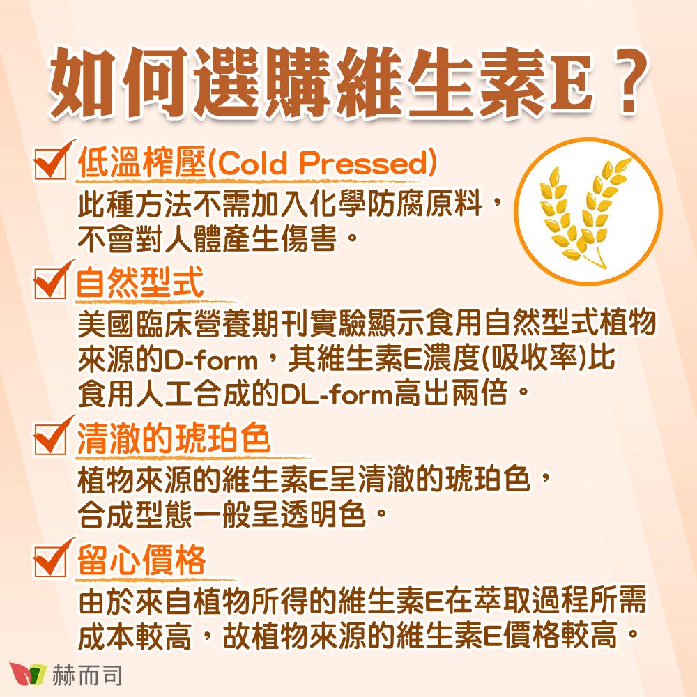 如何選購維生素E? 低溫壓(Cold Pressed)此種方法不需加入化學防腐原料,不會對人體產生傷害 自然型式美國臨床營養期刊實驗顯示食用自然型式植物來源的D-form,其維生素E濃度(吸收率)比食用人工合成的DL-form高出兩倍√ 清澈的琥珀色植物來源的維生素E呈清澈的琥珀色,合成型態一般呈透明色。留心價格。由於來自植物所得的維生素E在萃取過程所需成本較高,故植物來源的維生素E價格較高。 赫而司