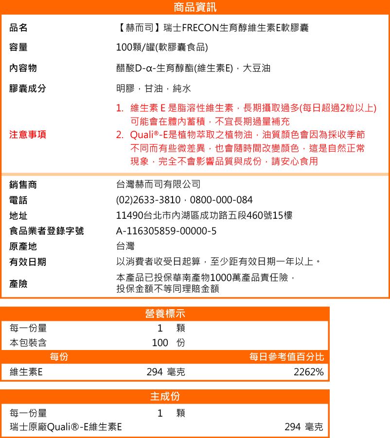 品名容量內容物膠囊成分注意事項銷售商電話地址食品業者登錄字號原產地有效日期產險商品資訊【赫而司】瑞士FRCON生育醇維生素E軟膠囊100顆/罐(軟膠囊食品)醋酸D-生育醇酯(維生素E)大豆油明膠,甘油,純水1. 維生素E是脂溶性維生素,長期攝取過多(每日超過2粒以上)可能會在體內蓄積,不宜長期過量補充2. Quali®-E是植物萃取之植物油,油質顏色會因為採收季節不同而有些微差異,也會隨時間改變顏色,這是自然正常現象,完全不會影響品質與成份,請安心食用台灣赫而司有限公司(02) 2633-3810 0800-000-08411490台北市內湖區成功路五段460號15樓A-116305859-00000-5台灣以消費者收受日起算,至少距有效日期一年以上。本產品已投保華南產物1000萬產品責任險,投保金額不等同理賠金額營養標示1 顆100 份每一份量本包裝含每份每日參考值百分比維生素E294 毫克2262%主成份每一份量1 顆瑞士原廠Quali®-E維生素E294 毫克