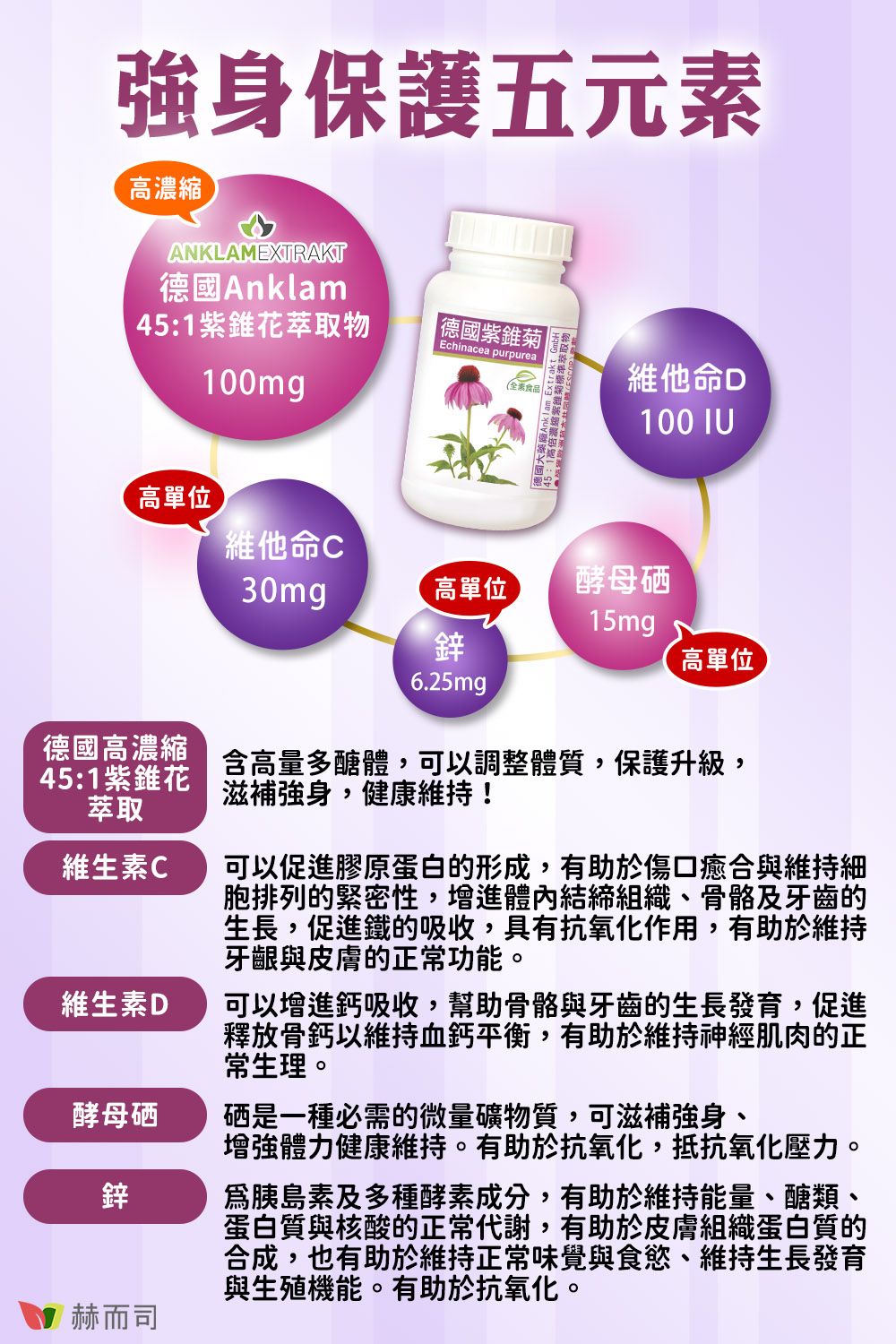 強身保護五元素高ANKLAMEXTRAKT德國Anklam45:1紫錐花萃取100mg高單位維他命C德國紫錐菊Echinacea purpurea(全素食品濃縮物 Extrakt|德國大Ank標準萃取物維他命100 IU30mg高單位酵母硒15mg鋅高單位6.25mg德國高濃縮45:1紫錐花萃取含高量多醣體,可以調整體質,保護升級,滋補強身,健康維持!維生素C維生素D酵母硒鋅赫而司可以促進膠原蛋白的形成,有助於傷口癒合與維持細胞排列的緊密性,增進體內結締組織、骨骼及牙齒的生長,促進鐵的吸收,具有抗氧化作用,有助於維持牙齦與皮膚的正常功能。可以增進鈣吸收,幫助骨骼與牙齒的生長發育,促進釋放骨鈣以維持血鈣平衡,有助於維持神經肌肉的正常生理。硒是一種必需的微量礦物質,可滋補強身、增強體力健康維持。有助於抗氧化,抵抗氧化壓力。胰島素及多種酵素成分,有助於維持能量、醣類、蛋白質與核酸的正常代謝,有助於皮膚組織蛋白質的合成,也有助於維持正常味覺與食慾、維持生長發育與生殖機能。有助於抗氧化。