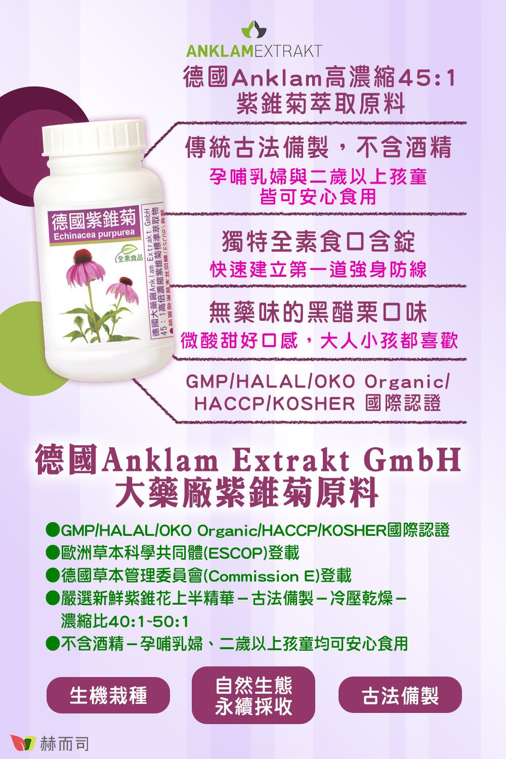 德國紫錐Echinacea purpurea(全素食品德國大藥廠Anklam Extrakt GmbH |45:1高倍濃縮紫錐菊標準萃取物ANKLAMEXTRAKT德國Anklam高濃縮45:1紫錐菊萃取原料傳統古法備製,不含酒精孕哺乳婦與二歲以上孩童皆可安心食用獨特全素食口含錠快速建立第一道強身防線無藥味的黑醋栗口味微酸甜好口感,大人小孩都喜歡GMP/HALAL/OKO Organic/HACCP/KOSHER 國際認證德國Anklam Extrakt GmbH大藥廠紫錐菊原料GMP/HALAL/OKO Organic/HACCP/KOSHER歐洲草本科學共同體(ESCOP)登載德國草本管理委員會(Commission E)登載●嚴選新鮮紫錐花上半精華古法備製-冷壓乾燥-濃縮比40:1~50:1●不含酒精-孕哺乳婦、二歲以上孩童均可安心食用自然生態生機栽種古法備製永續採收赫而司