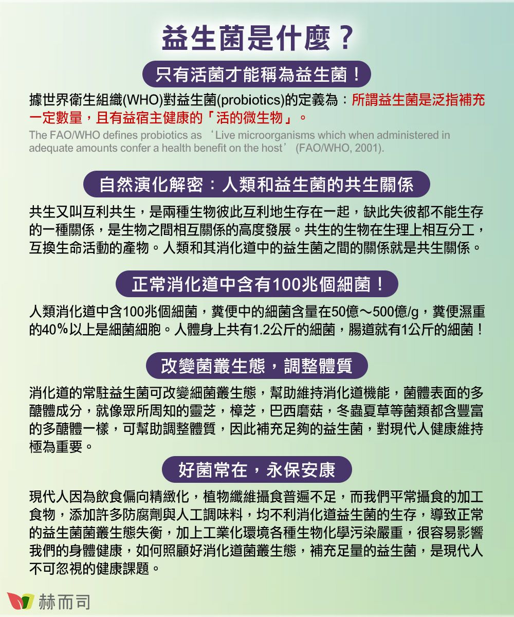益生菌是什麼?只有活菌才能稱為益生菌!據世界衛生組織(WHO)對益生菌(probiotics)定義為:所謂益生菌是泛指補充一定數量,且有益宿主健康的「活的微生物The FAO/WHO defines probiotics as Live microorganisms which when administered inadequate amounts confer a health benefit on the host (FAO/WHO, 2001).自然演化解密:人類和益生菌的共生關係共生又叫互利共生,是兩種生物彼此互利地生存在一起,缺此失彼都不能生存的一種關係,是生物之間相互關係的高度發展。共生的生物在生理上相互分工,互換生命活動的產物。人類和其消化道中的益生菌之間的關係就是共生關係。正常消化道中含有100兆個細菌!人類消化道中含100兆個細菌,糞便中的細菌含量在50億~500億/g,糞便濕重的40%以上是細菌細胞。人體身上共有1.2公斤的細菌,腸道就有1公斤的細菌!改變菌叢生態,調整體質消化道的常駐益生菌可改變細菌叢生態,幫助維持消化道機能,菌體表面的多醣體成分,就像眾所周知的靈芝,樟芝,巴西磨菇,冬蟲夏草等菌類都含豐富的多醣體一樣,可幫助調整體質,因此補充足夠的益生菌,對現代人健康維持極為重要。好菌常在,永保安康現代人因為飲食偏向精緻化,植物纖維攝食普遍不足,而我們平常攝食的加工食物,添加許多防腐劑與人工調味料,均不利消化道益生菌的生存,導致正常的益生菌菌叢生態失衡,加上工業化環境各種生物化學污染嚴重,很容易影響我們的身體健康,如何照顧好消化道菌叢生態,補充足量的益生菌,是現代人不可忽視的健康課題。赫而司
