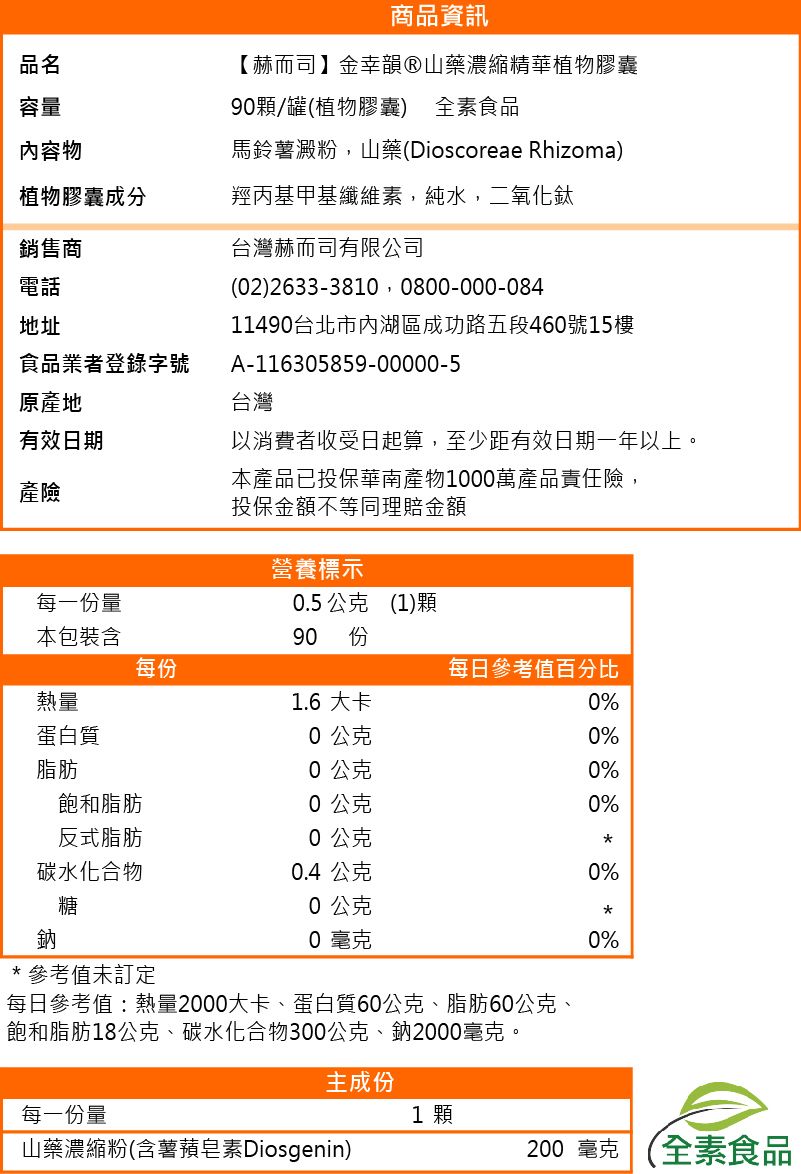 商品資訊品名容量【赫而司】金幸韻山藥濃縮精華植物膠囊90顆/罐(植物膠囊) 全素食品馬鈴薯澱粉,山藥(Dioscoreae Rhizoma)內容物植物膠囊成分羥丙基甲基纖維素,純水,二氧化鈦銷售商電話地址食品業者登錄字號原產地台灣赫而司有限公司(02) 26333810 0800-000-08411490台北市內湖區成功路五段460號樓A-116305859-00000-5台灣有效日期以消費者收受日起算,至少距有效日期一年以上。本產品已投保華南產物1000萬產品責任險,產險投保金額不等同理賠金額營養標示每一份量0.5公克 (1)顆本包裝含90 15每份每日參考值百分比熱量1.6 大卡0%蛋白質0公克0%脂肪0公克0%飽和脂肪0公克0%反式脂肪0公克碳水化合物0.4公克0%糖0公克鈉0毫克0%*參考值未訂定每日參考值熱量2000大卡、蛋白質60公克、脂肪60公克、飽和脂肪18公克、碳水化合物300公克、鈉2000毫克。主成份每一份量1 顆山藥濃縮粉(含薯皂素Diosgenin)200 毫克(全素食品