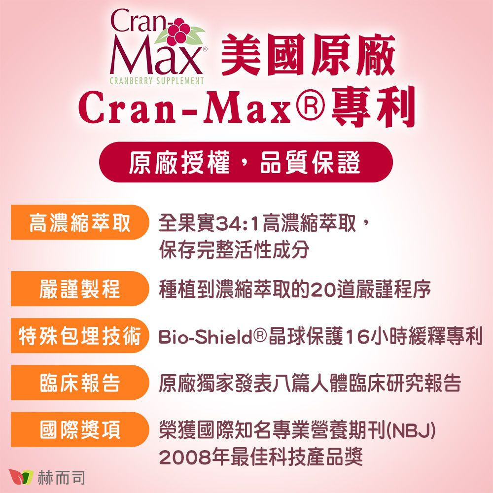 CranMax 美國原廠CRANBERRY SUPPLEMENTCran-Max®專利原廠授權,品質保證高濃縮萃取全果實34:1高濃縮萃取,保存完整活性成分嚴謹製程種植到濃縮萃取的20嚴謹程序特殊包埋技術 Bio-Shield®晶球保護16小時緩釋專利臨床報告原廠獨家發表八篇人體臨床研究報告國際獎項榮獲國際知名專業營養期刊(NBJ)2008年最佳科技產品獎赫而司