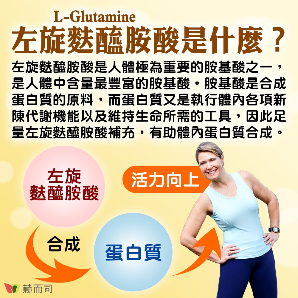 L-Glutamine左旋麩醯胺酸是什麼?左旋麩醯胺酸是人體極為重要的胺基酸之一,是人體中含量最豐富的胺基酸。胺基酸是合成蛋白質的原料,而蛋白質又是執行體內各項新陳代謝機能以及維持生命所需的工具,因此足量左旋麩醯胺酸補充,有助體內蛋白質合成。左旋麩醯胺酸赫而司活力向上合成蛋白質